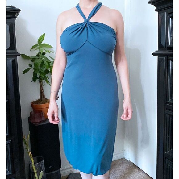 EUC Teal Knotted Front Halter Cocktail Midi Dress - Picture 1 of 14